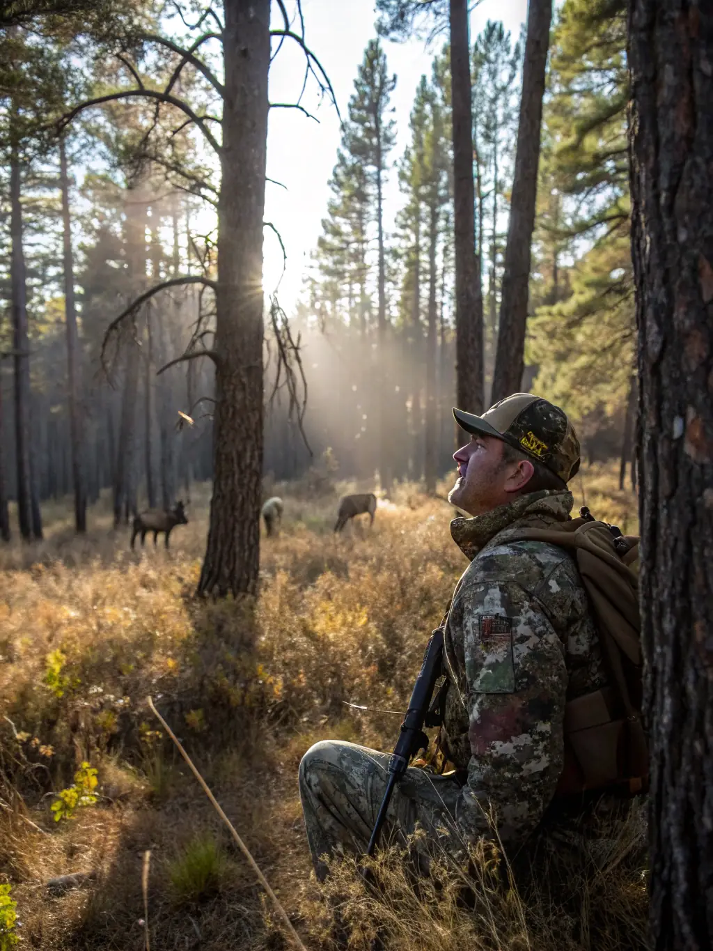 A photograph capturing a group of hunters in camouflage gear, strategically positioned in a dense forest area during a wild boar hunting program organized by Rallye Villeneuvois.