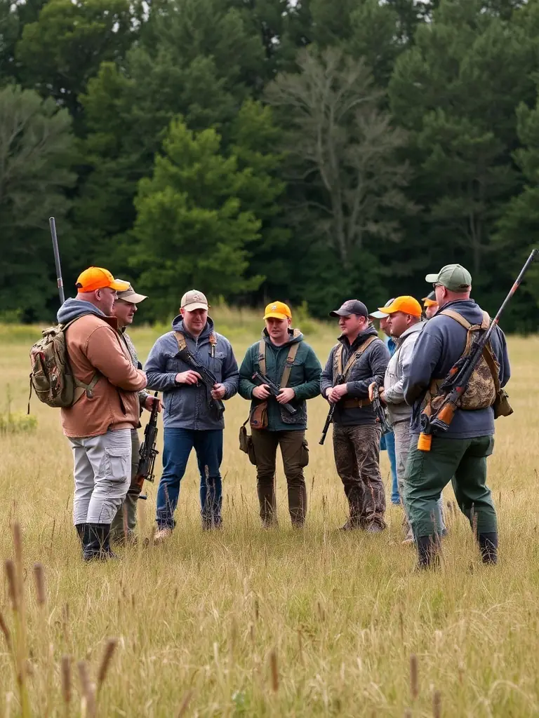 A photograph showcasing a group of Rallye Villeneuvois members participating in a responsible hunting seminar, emphasizing the club's commitment to ethical practices.