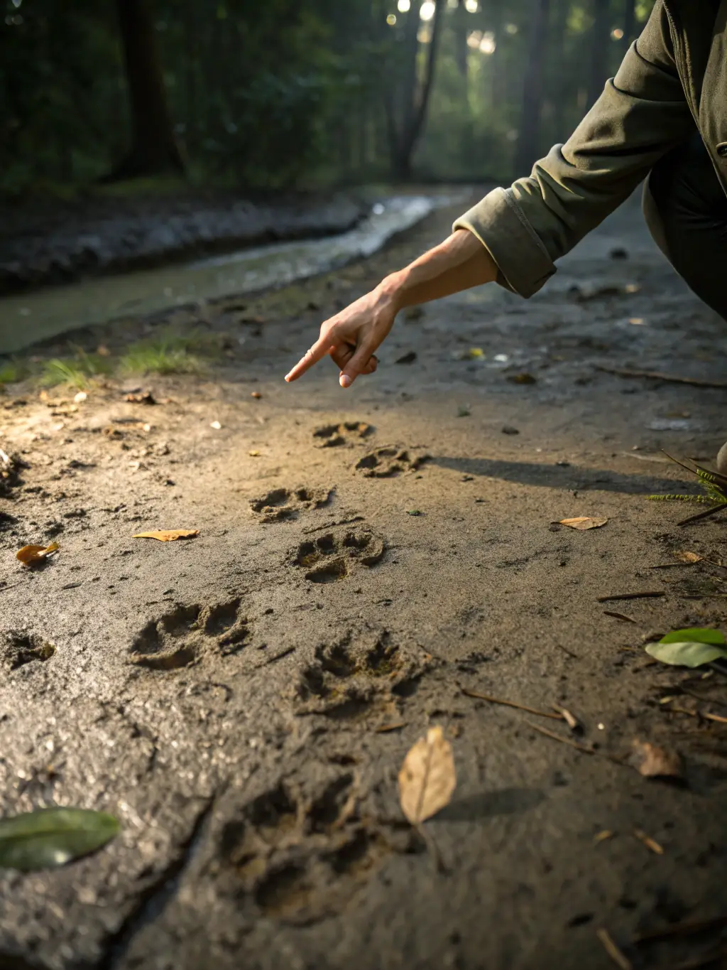 An image depicting a hunter carefully examining wild boar tracks in the muddy terrain of the ACCA of Villeneuve les Corbières, emphasizing the skill and knowledge involved in tracking.