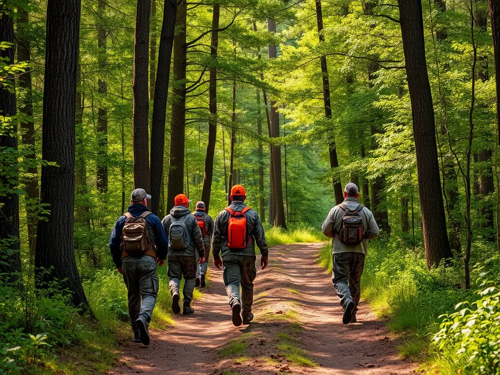 A group of hunters in camouflage gear walking through a dense forest during a wild boar hunting program organized by Rallye Villeneuvois.